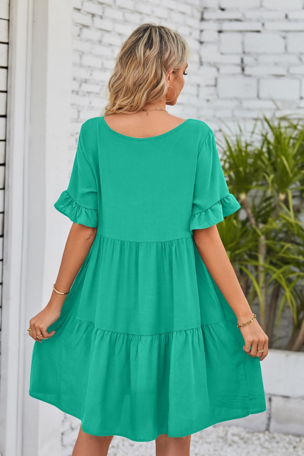 Mandy V-Neck Flounce Sleeve Tiered Dress