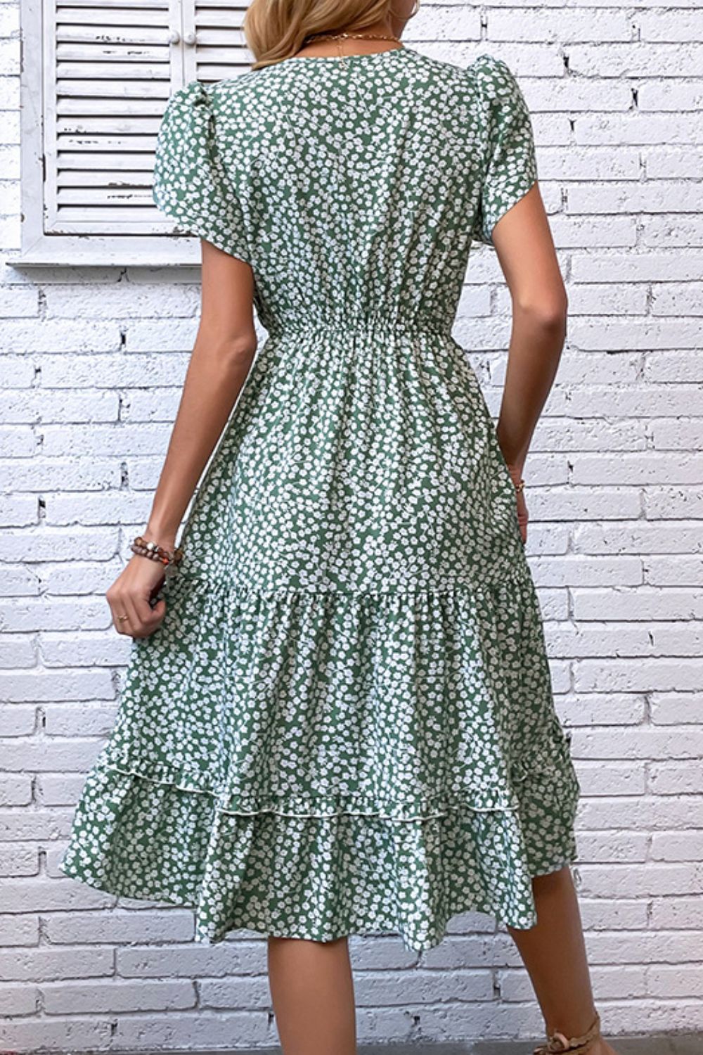 Perfee Floral Tie Neck Petal Sleeve Dress