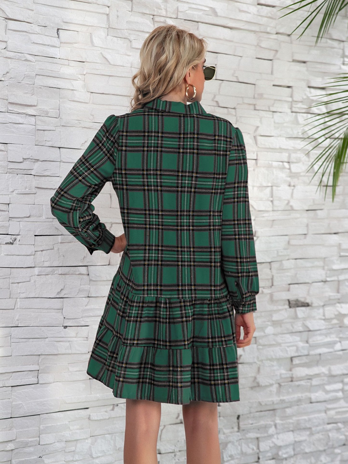 Ruffle Hem Plaid Button Down Long Sleeve Dress