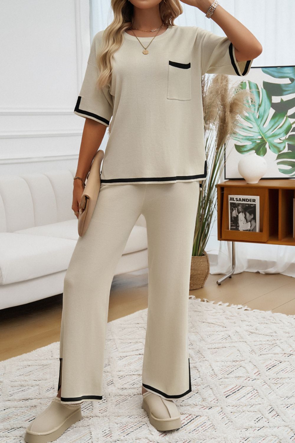 Contrast Trim Half Sleeve Top and Pants Set