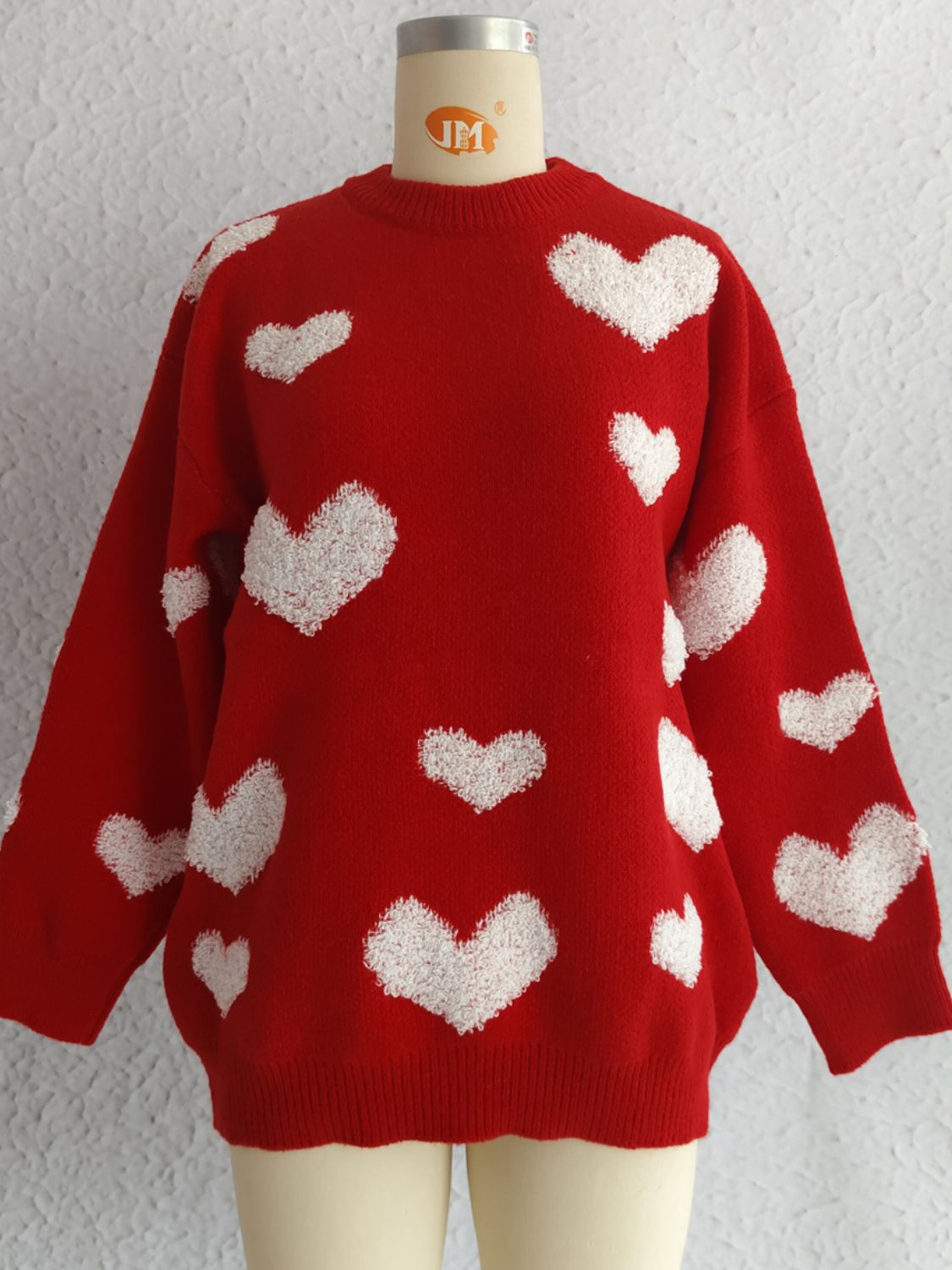 Heart Round Neck Dropped Shoulder Sweater