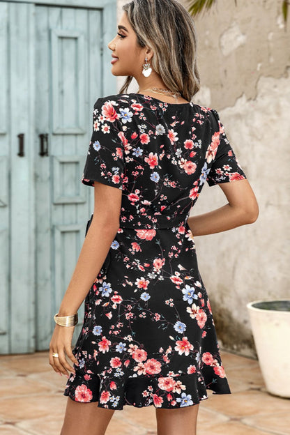 Shiny Floral Tied Ruffle Hem Surplice Dress