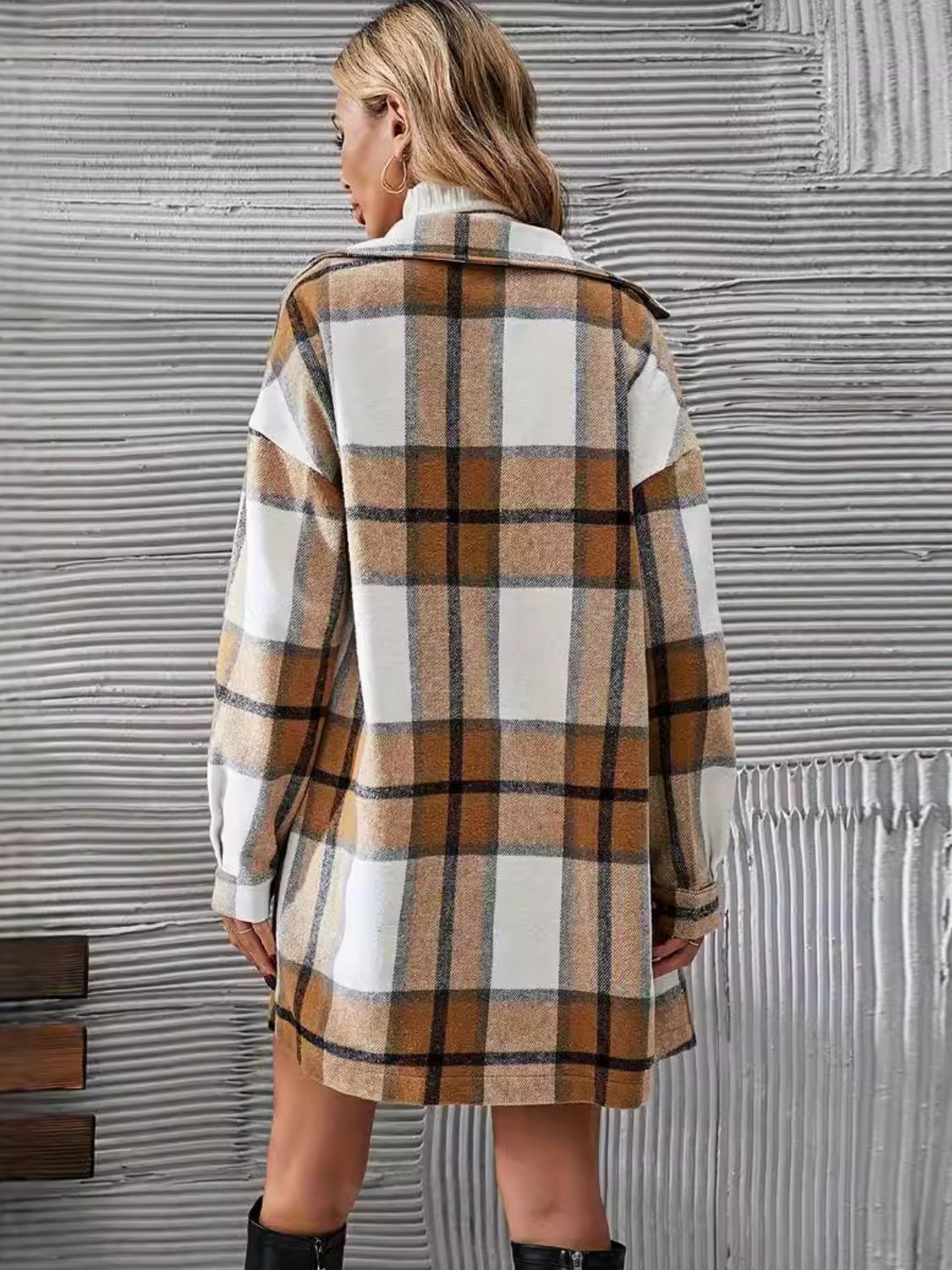 Plaid Button Up Long Sleeve Coat and Skirt Set