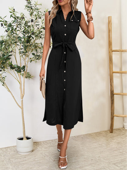 Button Up Sleeveless Midi Dress