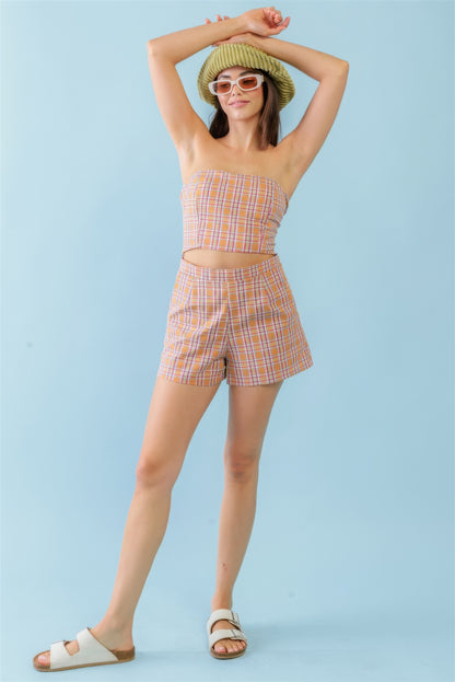 Orange & Aqua Plaid Print Cotton Strapless Crop Top & High Waist Two Pocket Shorts Set