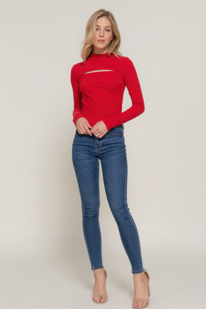 Long slv mock neck kyehole rib knit top