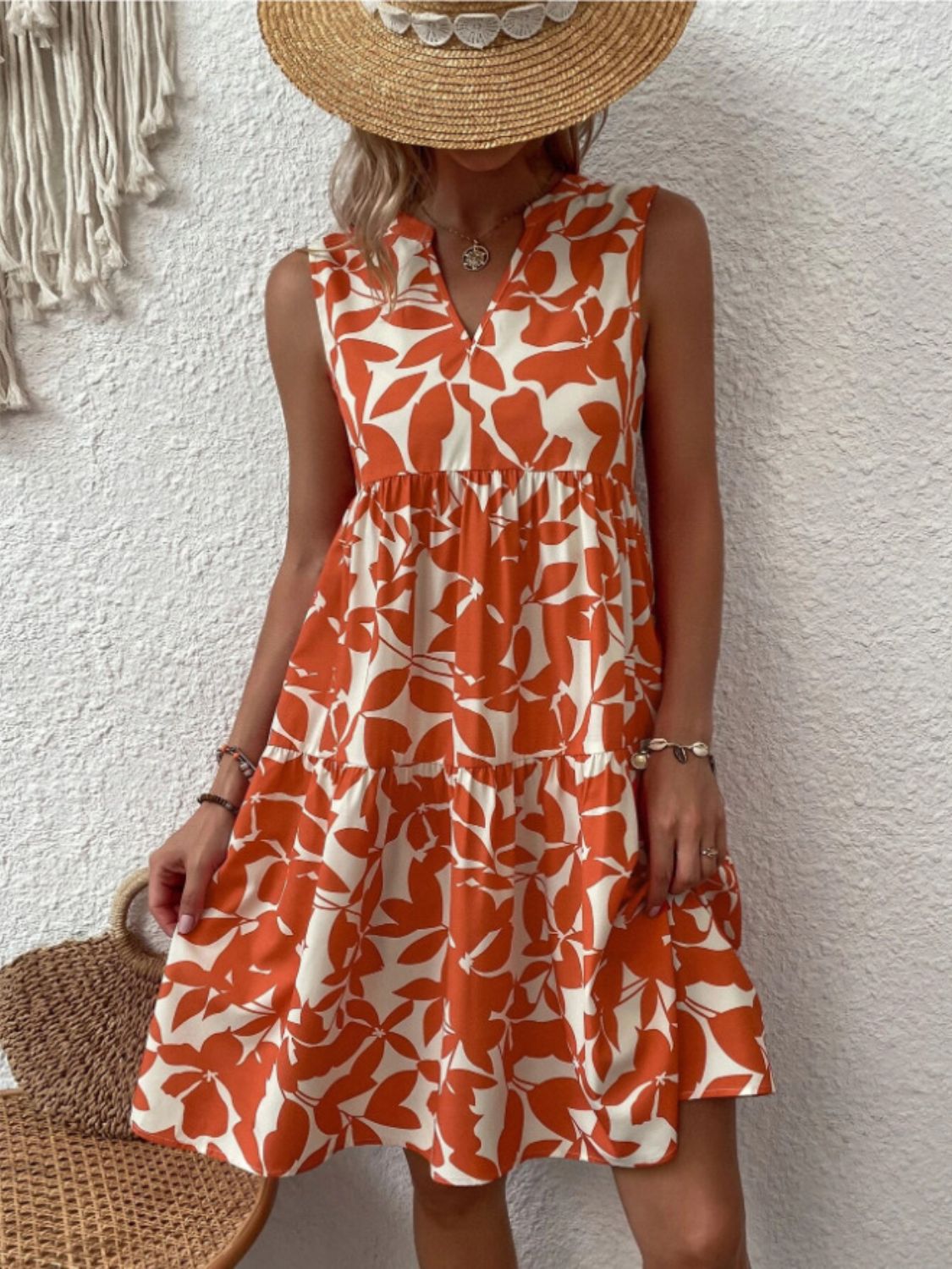 Printed Notched Sleeveless Mini Dress