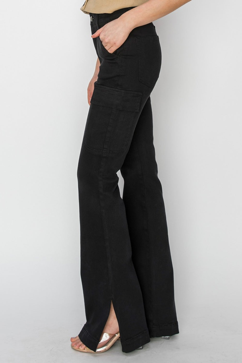 RISEN Full Size High Rise Side Slit Cargo Bootcut Jeans