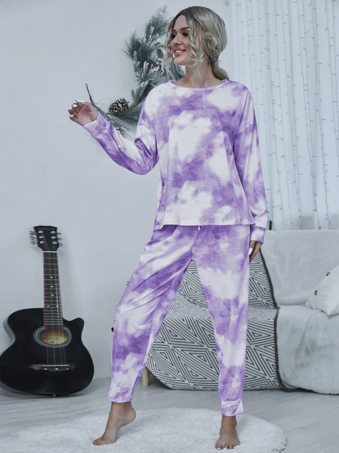 Shiny Tie-dye Round Neck Top and Drawstring Pants Lounge Set