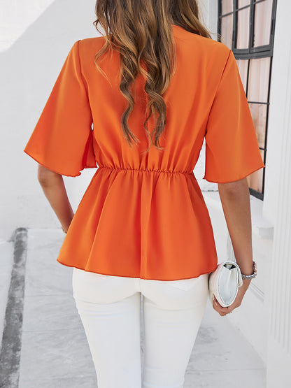 Devine Surplice Tie Waist Half Sleeve Blouse