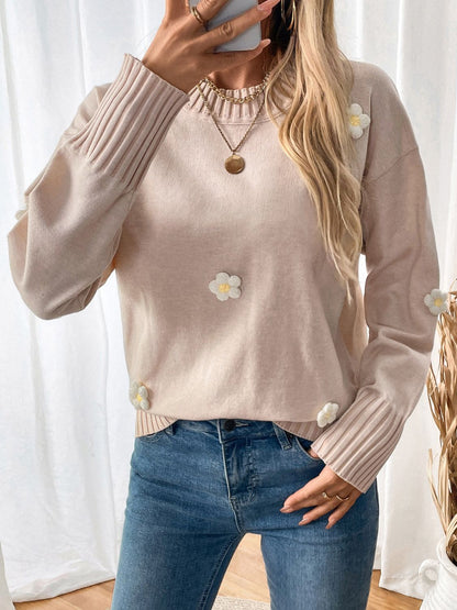 Perfee Flower Round Neck Long Sleeve Sweater