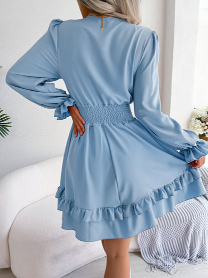 Tie Front Smocked Waist Flounce Sleeve Dress