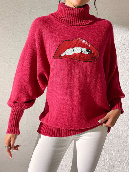 Lip Turtleneck Long Sleeve Sweater