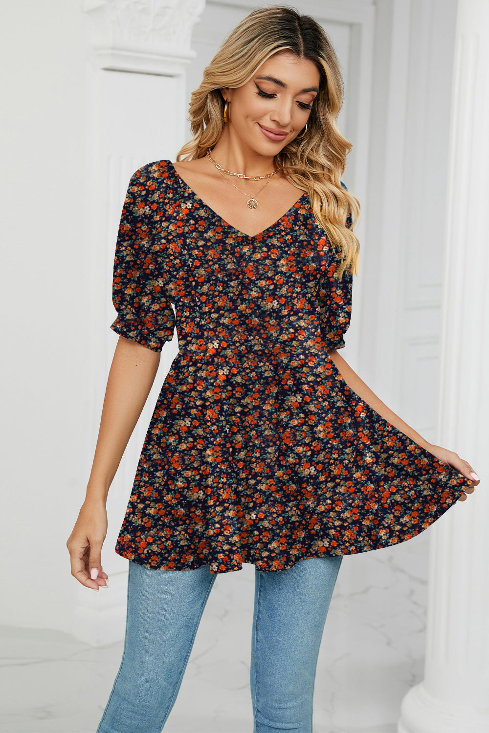 Floral V-Neck Babydoll Blouse