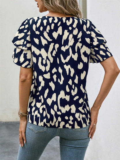 Ruffled Printed Round Neck Short Sleeve Blouse