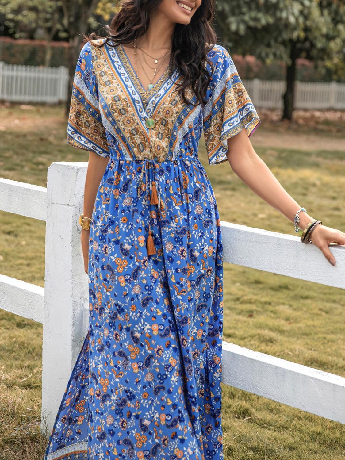 Slit Printed V-Neck Half Sleeve Maxi Dress