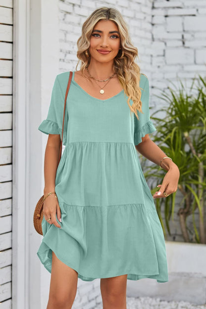 Mandy V-Neck Flounce Sleeve Tiered Dress