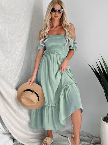 Perfee Frill Smocked Off-Shoulder Ruffle Sleeve Dress