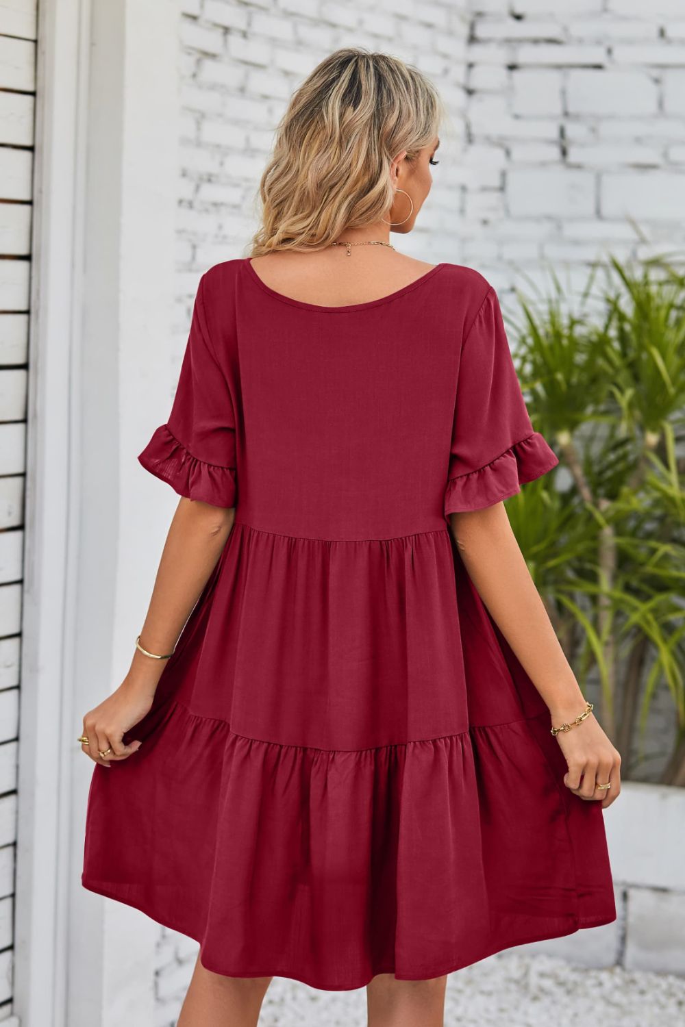 Mandy V-Neck Flounce Sleeve Tiered Dress