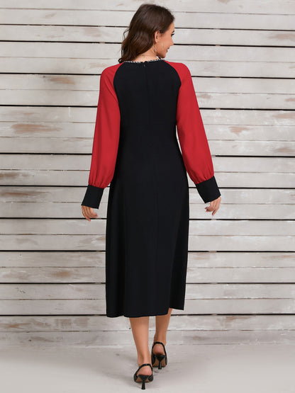 Ruched Contrast Long Sleeve Midi Dress