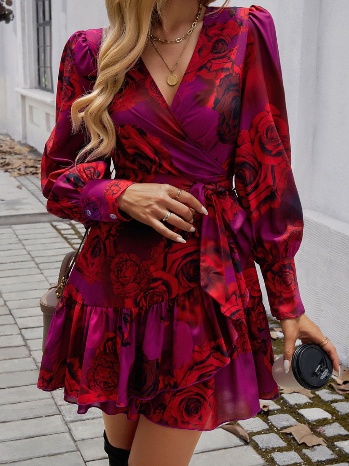 Devine Ruffled Printed Surplice Long Sleeve Mini Dress