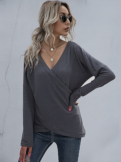 Perfee Waffle-Knit Surplice Long Sleeve Top