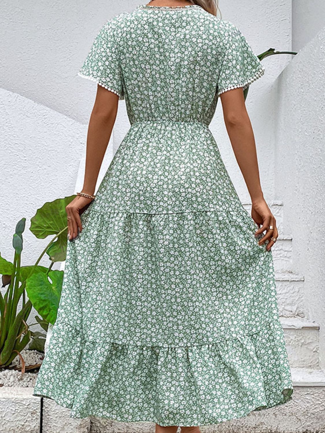 Perfee Ditsy Floral V-Neck Tiered Dress