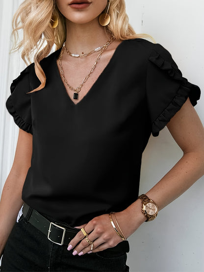 Frill V-Neck Short Sleeve Blouse