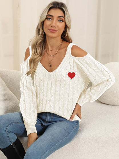 Cable-Knit Heart V-Neck Sweater