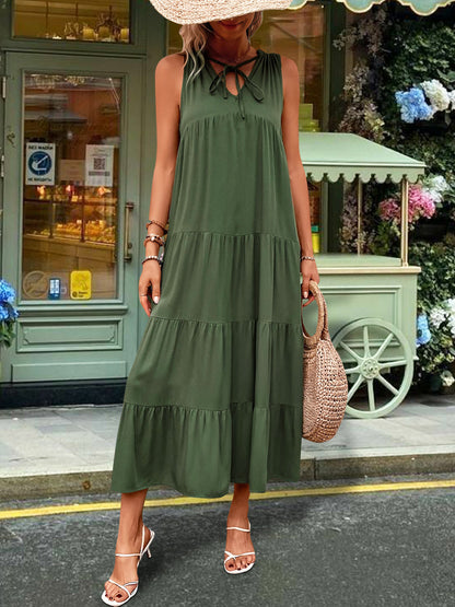 Perfee Tiered Tie Neck  Midi Dress