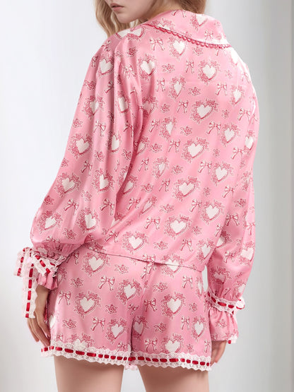 Valentine’s Day Lace Detail Heart Print Collared Neck Top and Shorts Lounge Set