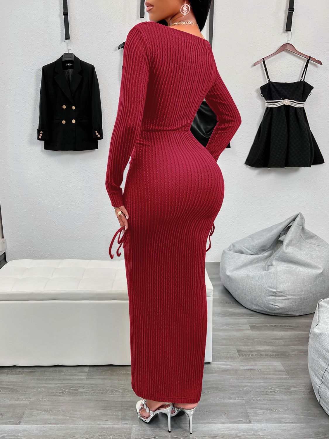 Drawstring Textured Long Sleeve Wrap Dress