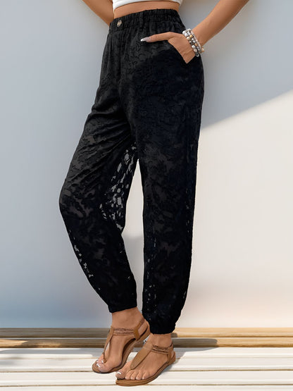 Perfee Pocketed Lace Elastic Waist Pants