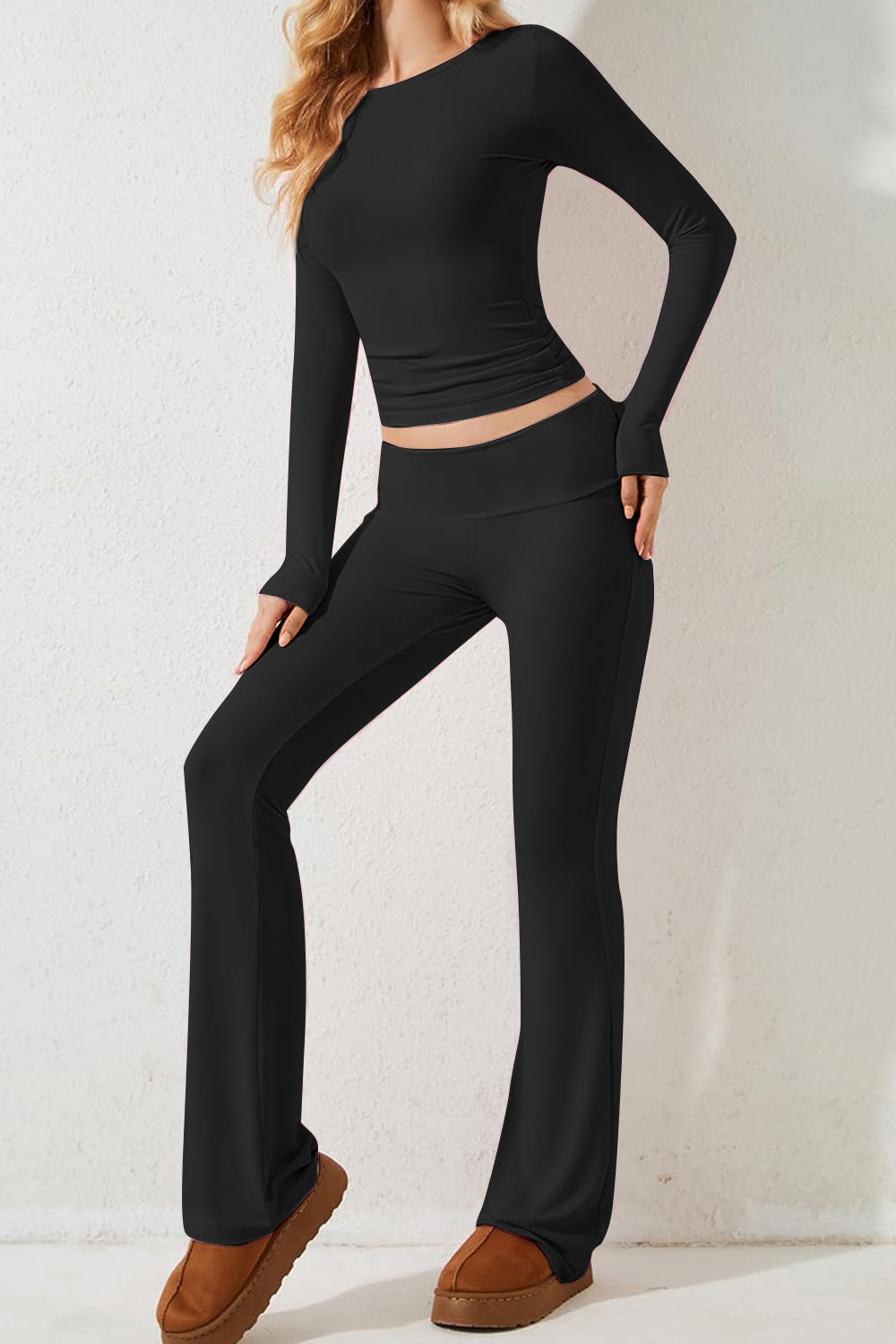 Devine Round Neck Long Sleeve Top and Pants Set