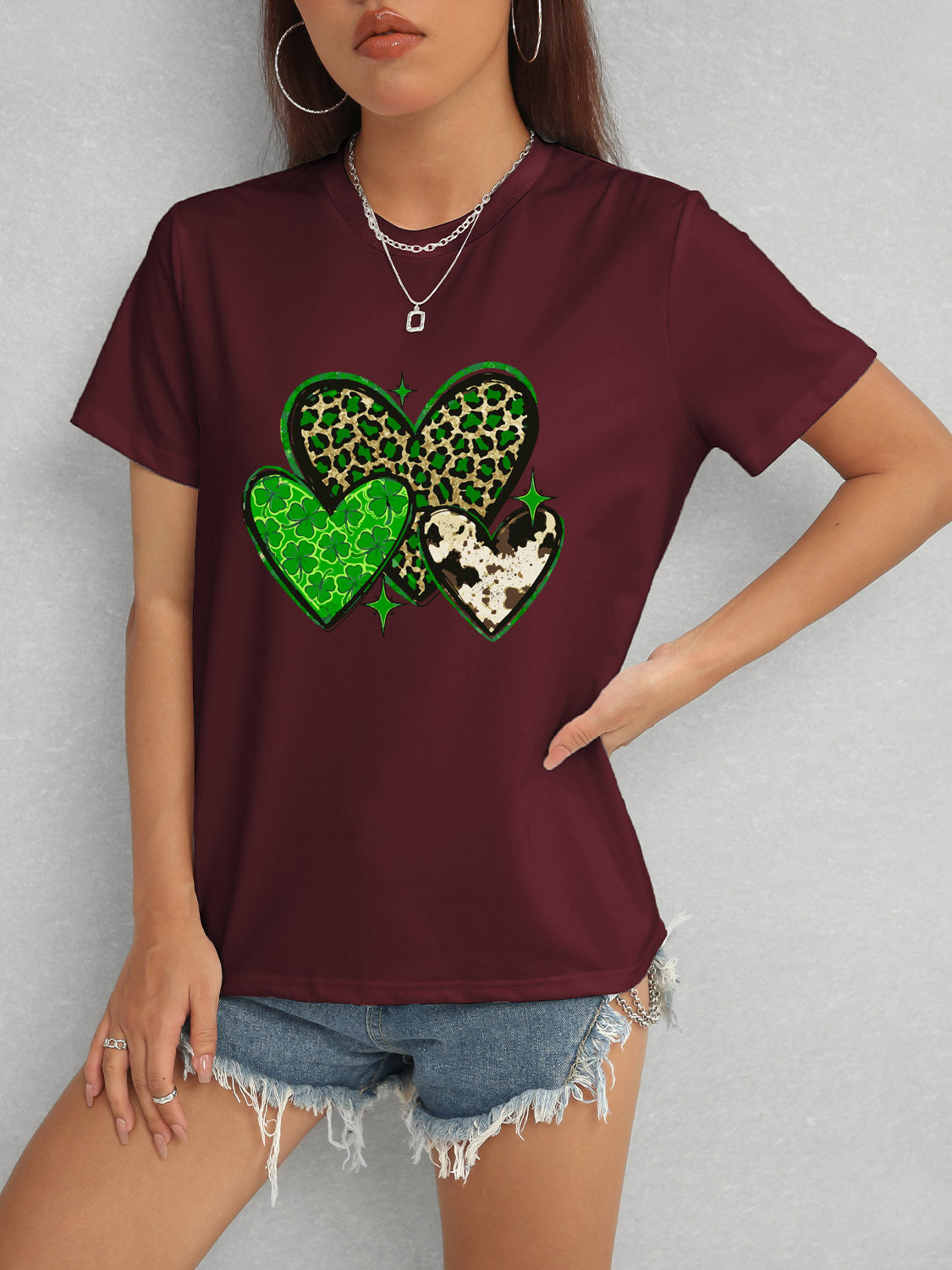 Heart Round Neck Short Sleeve T-Shirt