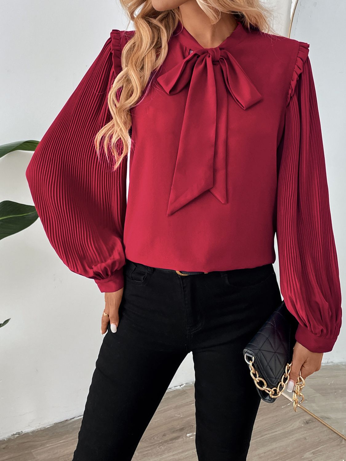 Perfee Frill Tie Neck Long Sleeve Blouse