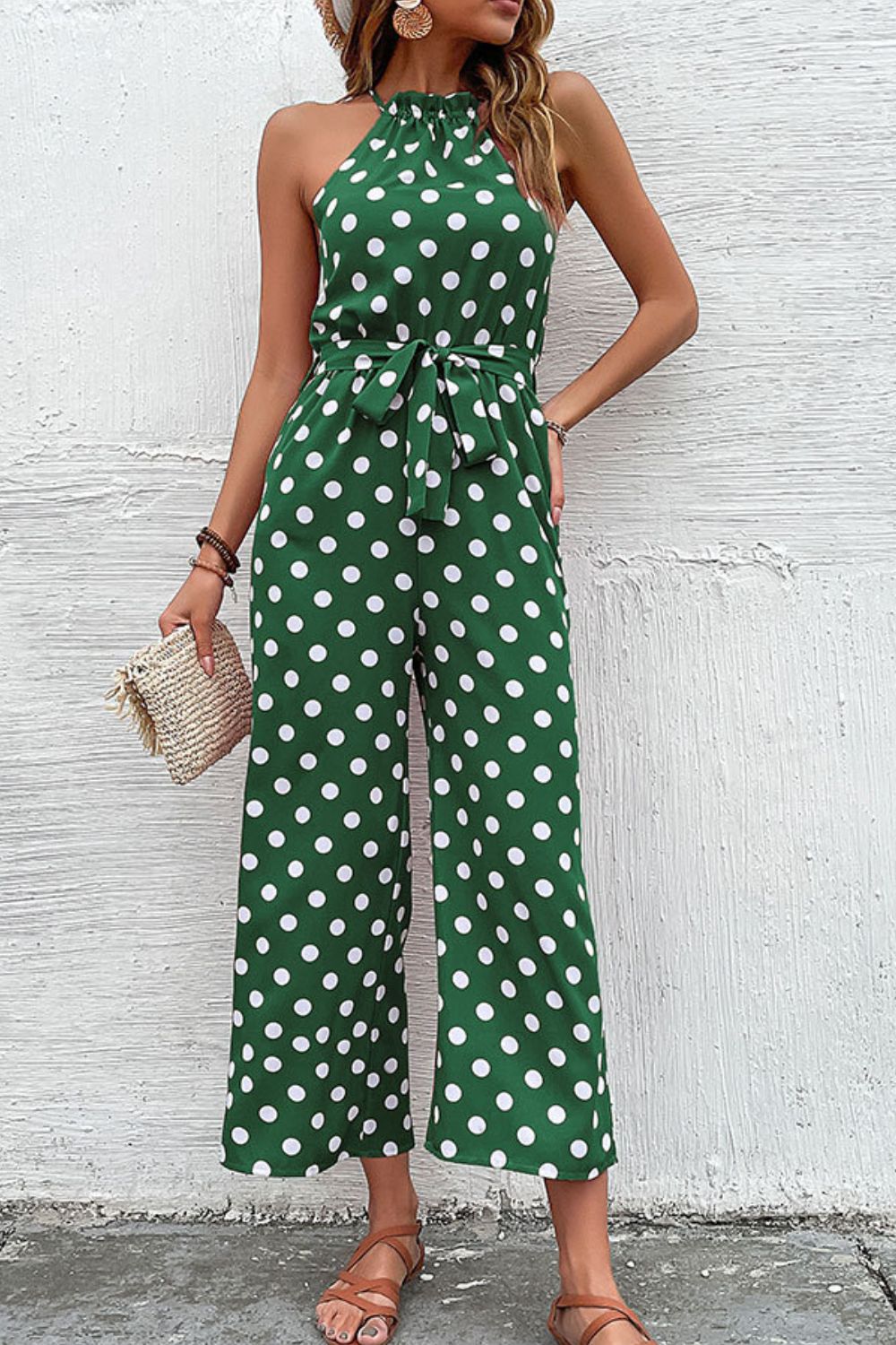 Perfee Polka Dot Grecian Wide Leg Jumpsuit