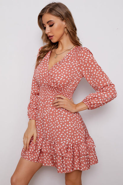 Printed Surplice Neck Puff Sleeve Ruffle Hem Dress