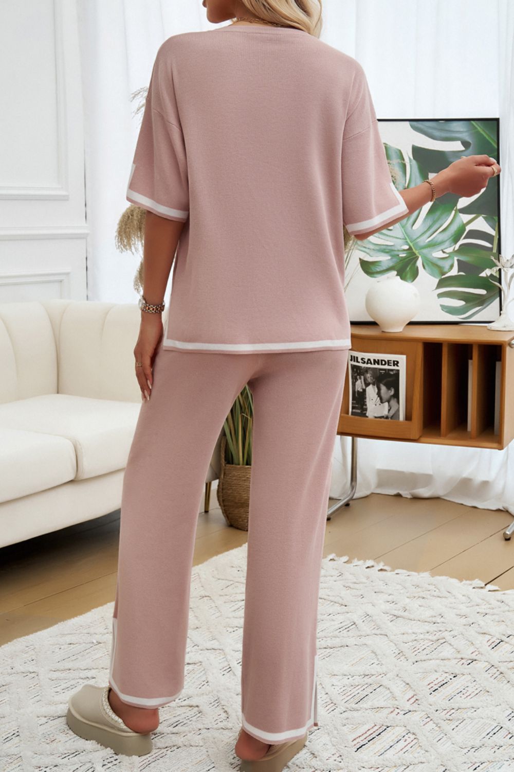 Contrast Trim Half Sleeve Top and Pants Set