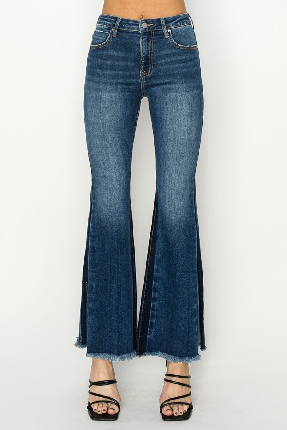 RISEN Full Size High Rise Side Shadow Seam Detail Slit Flare Jeans