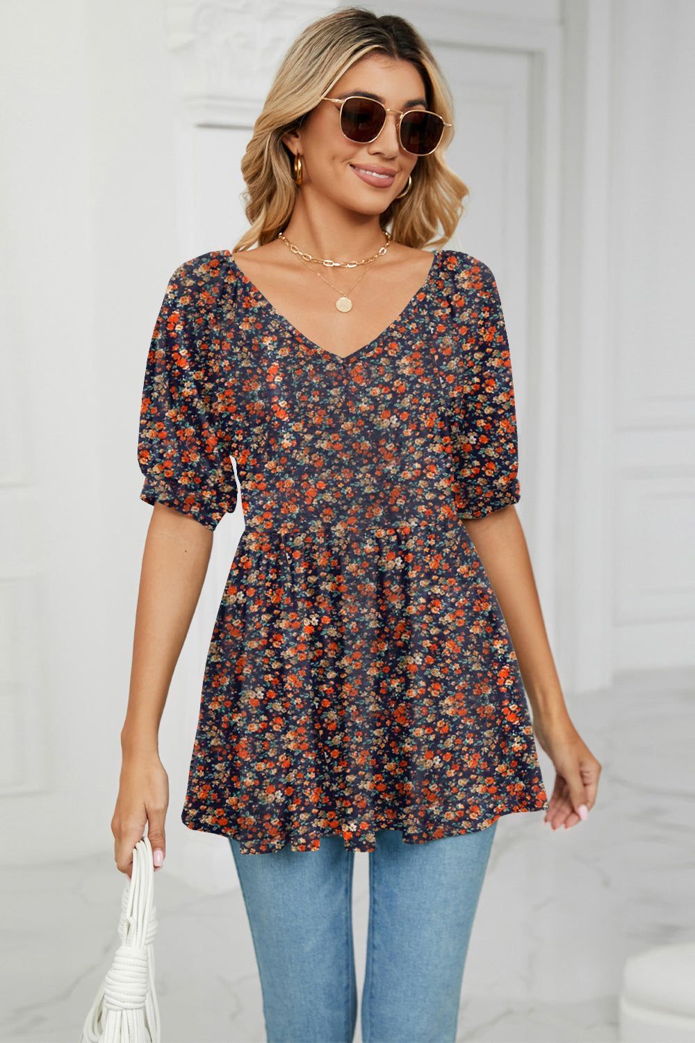 Floral V-Neck Babydoll Blouse