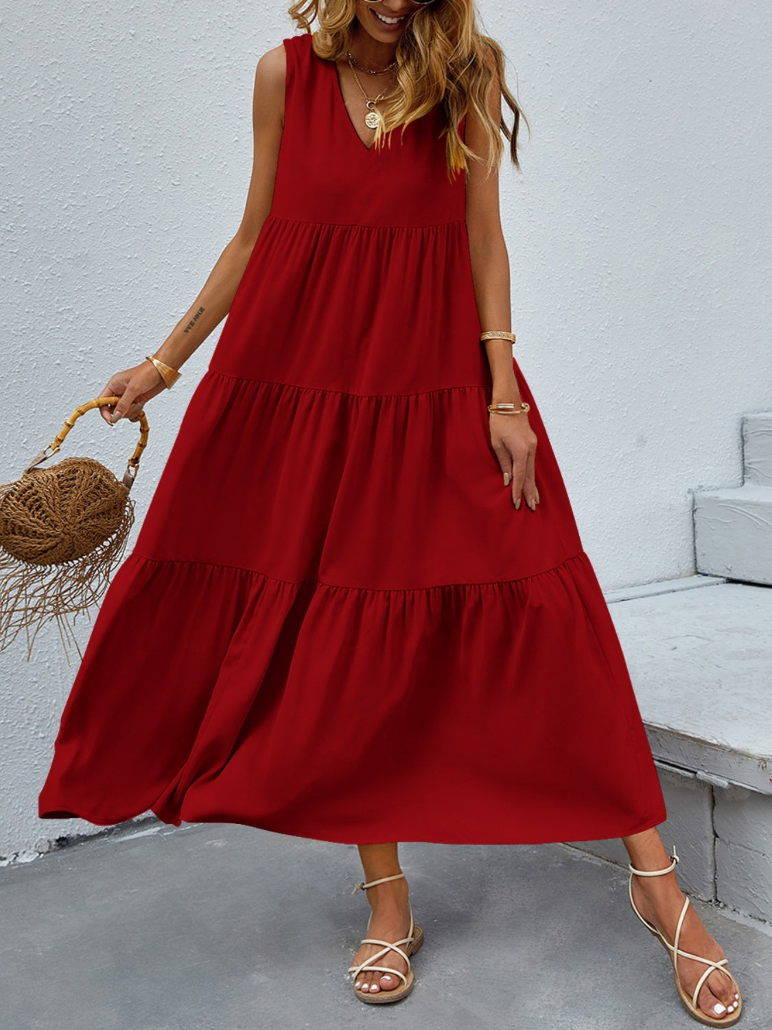 Tiered V-Neck Sleeveless Dress