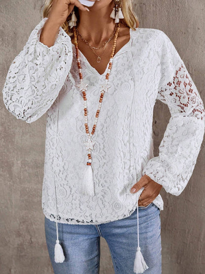 Lace Tie Neck Long Sleeve Blouse