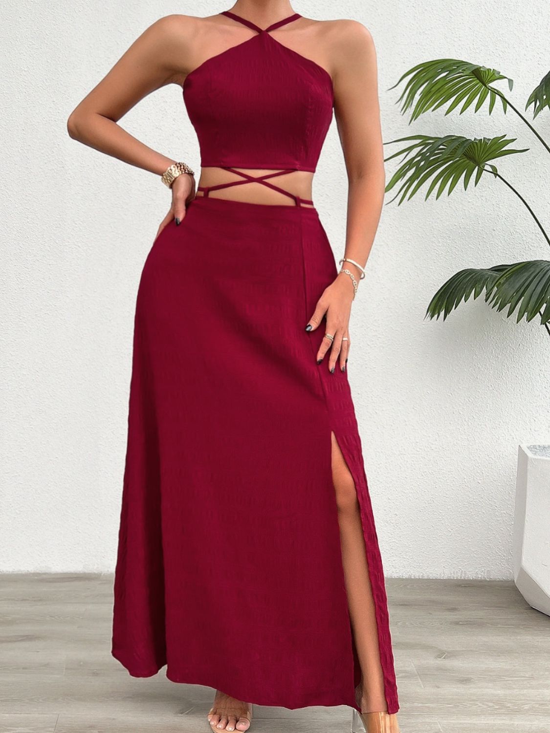 Devine Grecian Neck Top and Slit Skirt Set