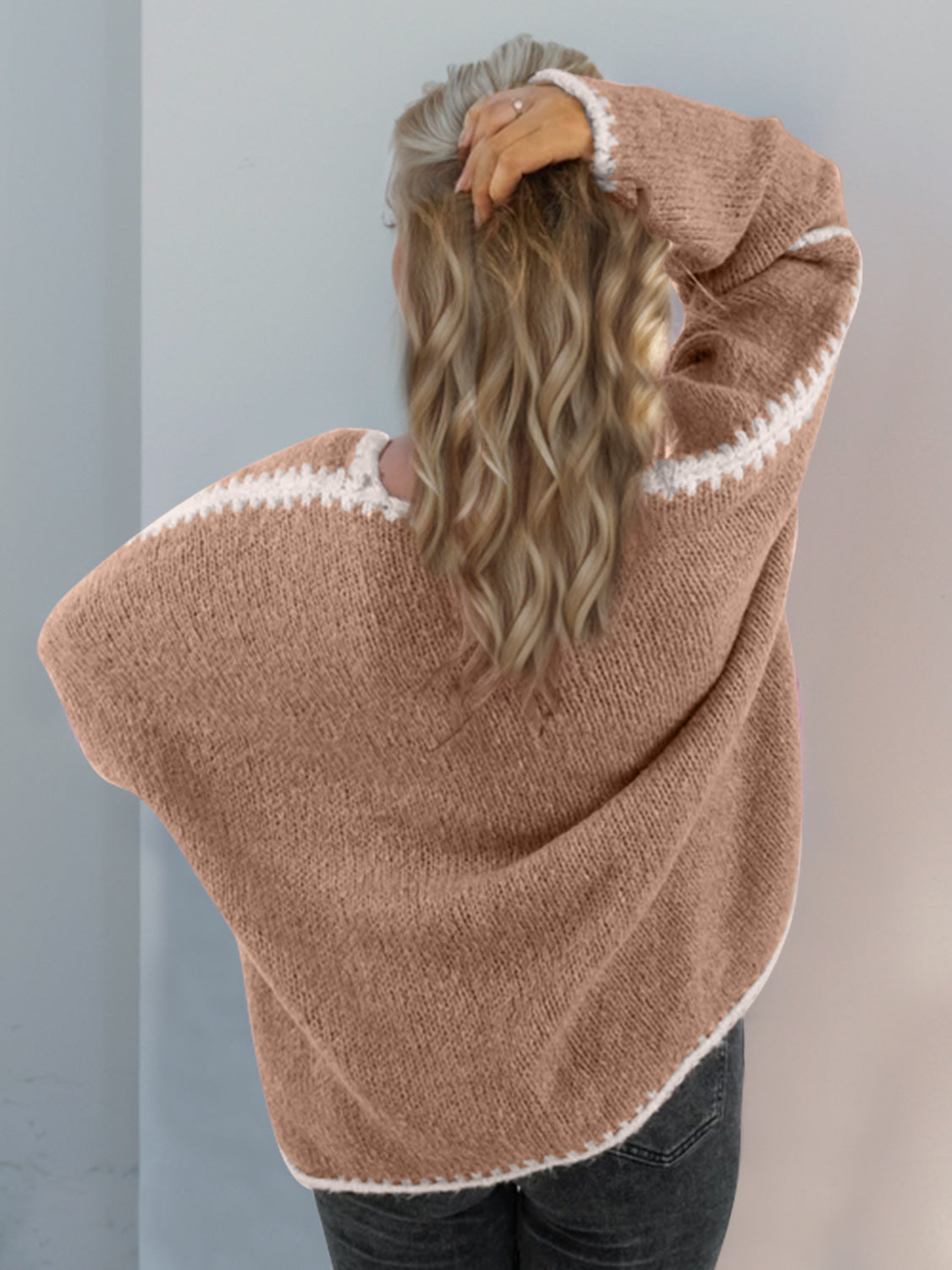 Double Take Contrast Open Front Dropped Shoulder Cardigan