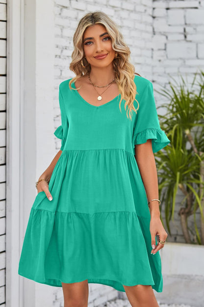 Mandy V-Neck Flounce Sleeve Tiered Dress