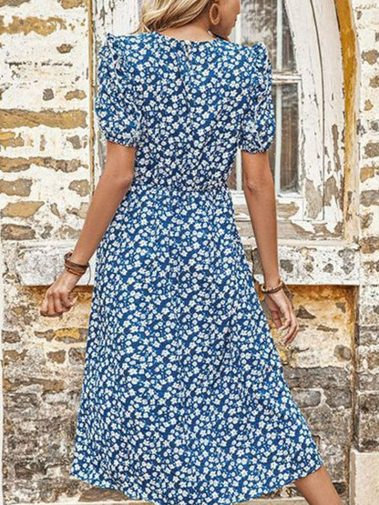 Perfee Floral Round Neck Split Midi Dress