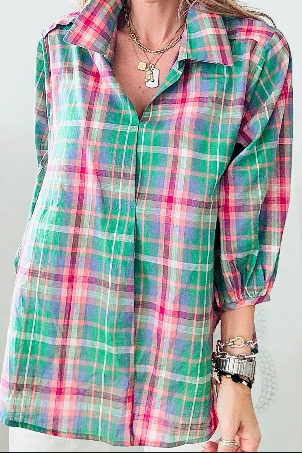 Plaid Collared Neck Three-Quarter Sleeve Blouse