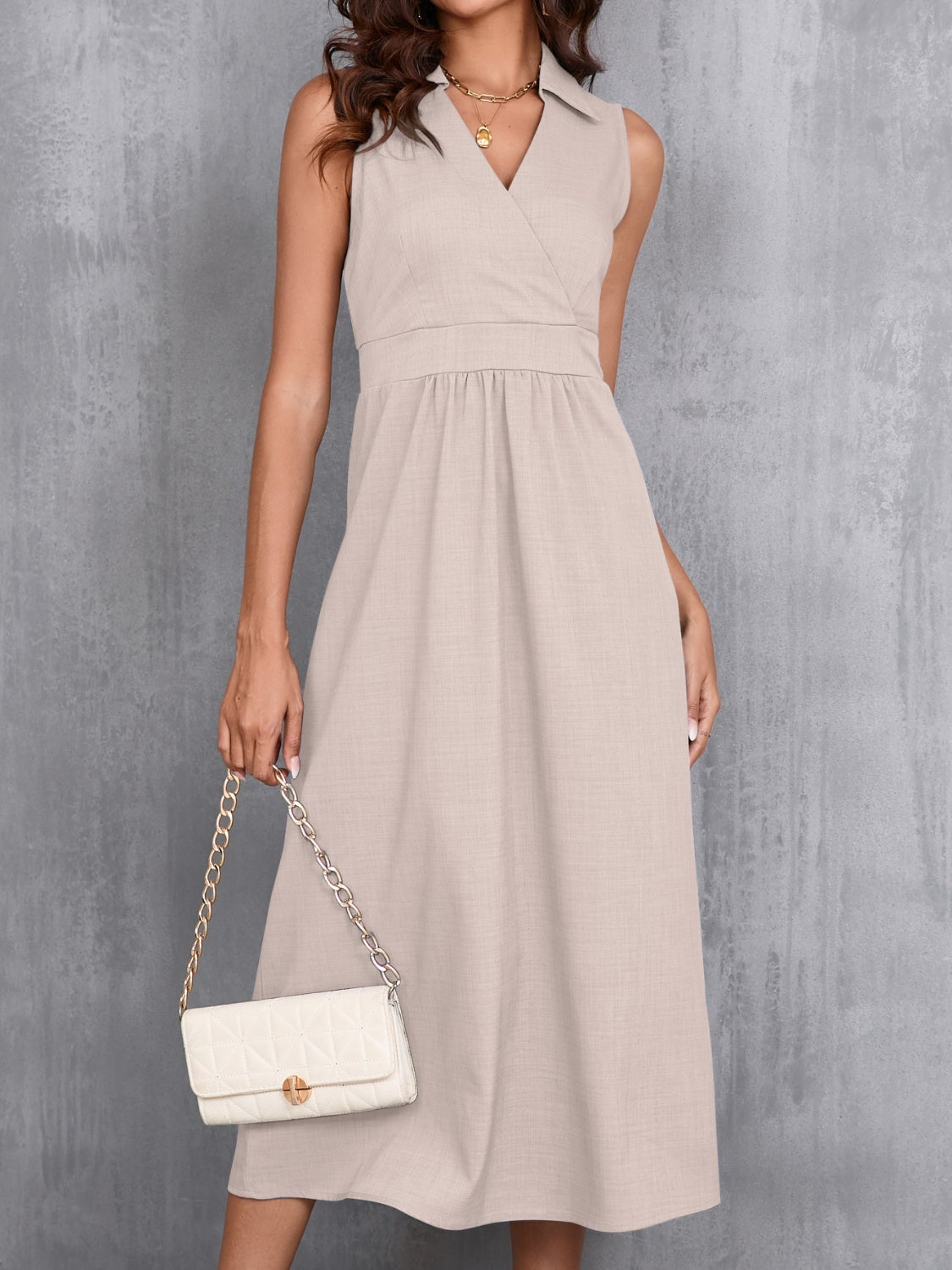 Ruched Sleeveless Midi Dress