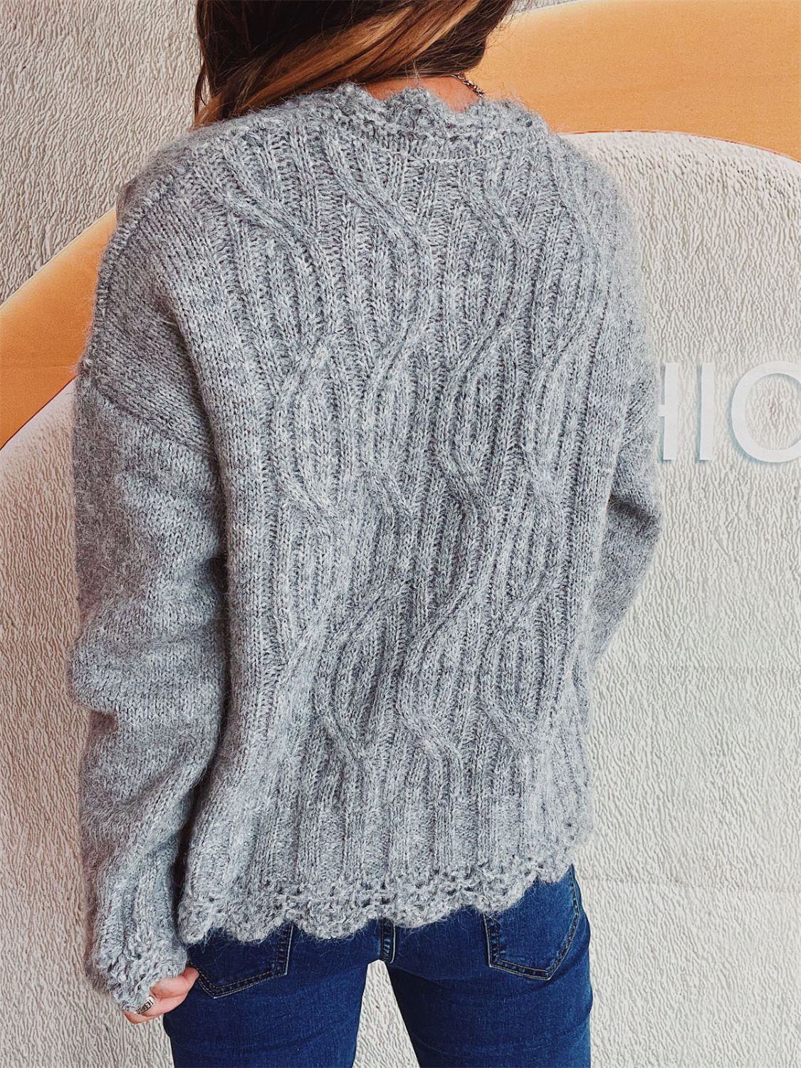 Scalloped Hem Dropped Shoulder Long Sleeve Sweater